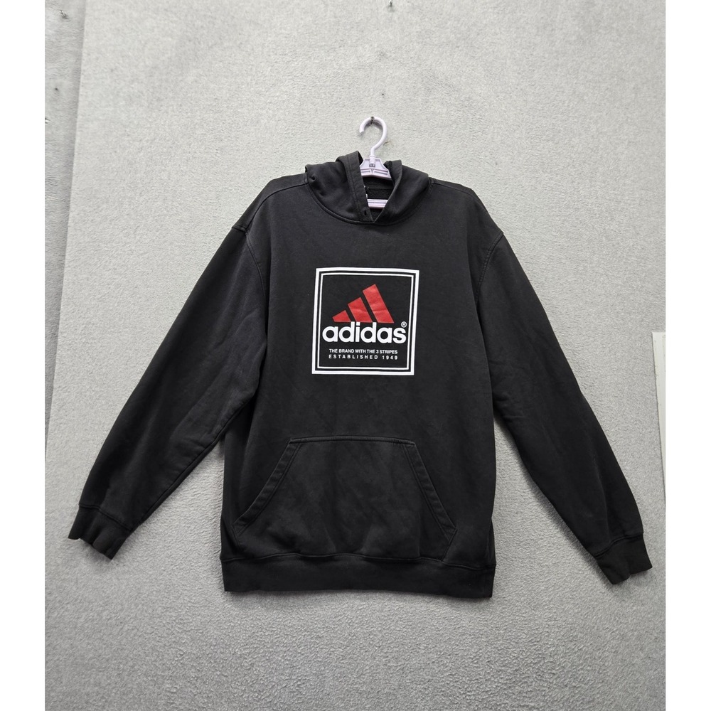 Adidas Men Hoodie XL Black Logo Graphic Print Fleece Activewear Pullover READ